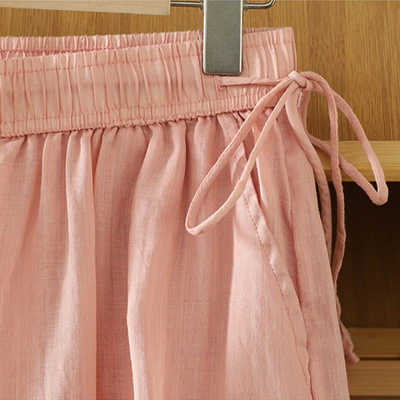 Buddha Stones Casual Plain Lined Ribbon Elastic Women's Polyester Wide Leg Pants With Pockets