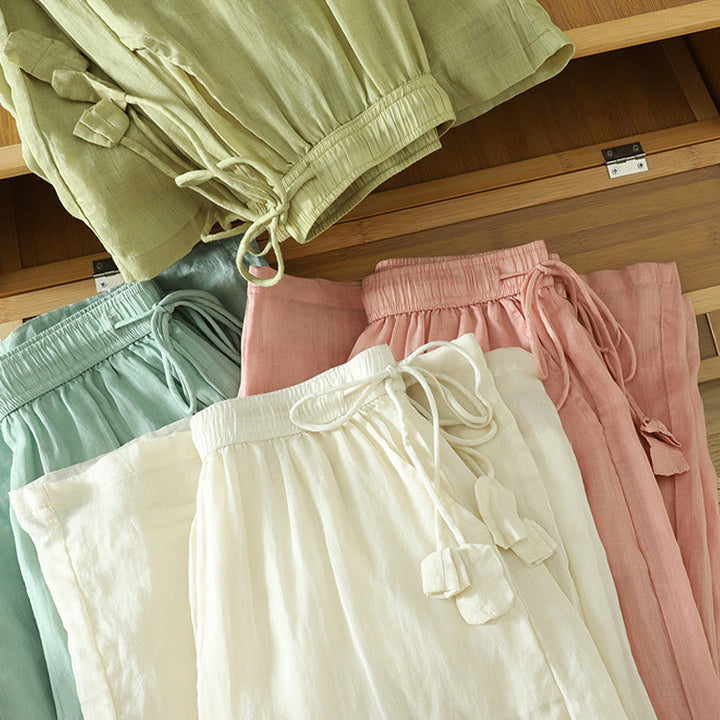 Buddha Stones Casual Plain Lined Ribbon Elastic Women's Polyester Wide Leg Pants With Pockets