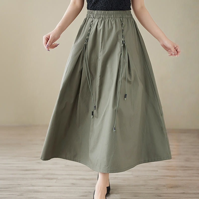 Buddha Stones Summer Casual Pure Color Pleated Design Women's Cotton Skirt