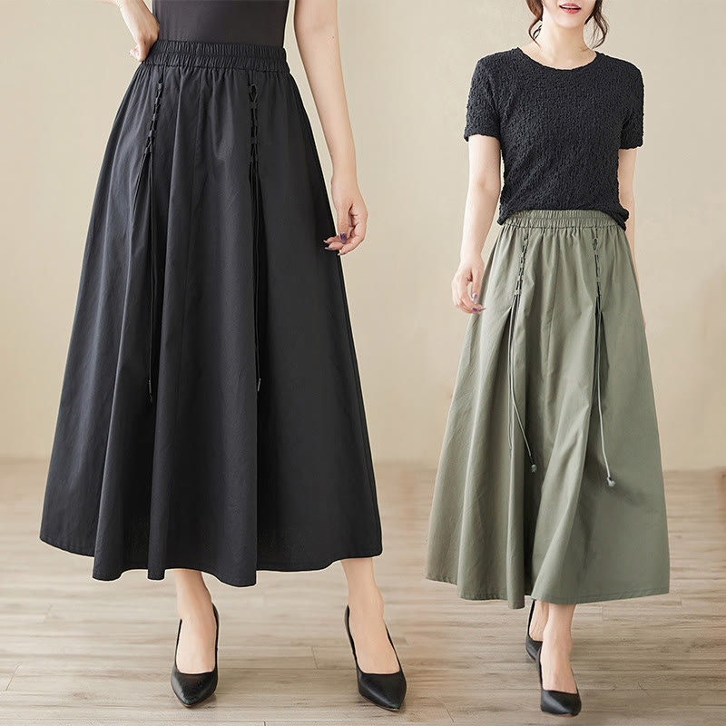 Buddha Stones Summer Casual Pure Color Pleated Design Women's Cotton Skirt