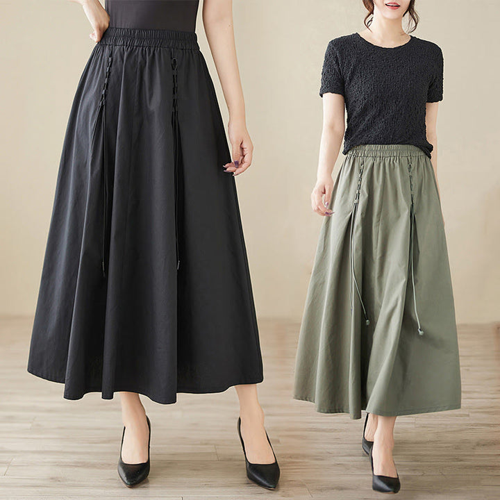 Buddha Stones Summer Casual Pure Color Pleated Design Women's Cotton Skirt