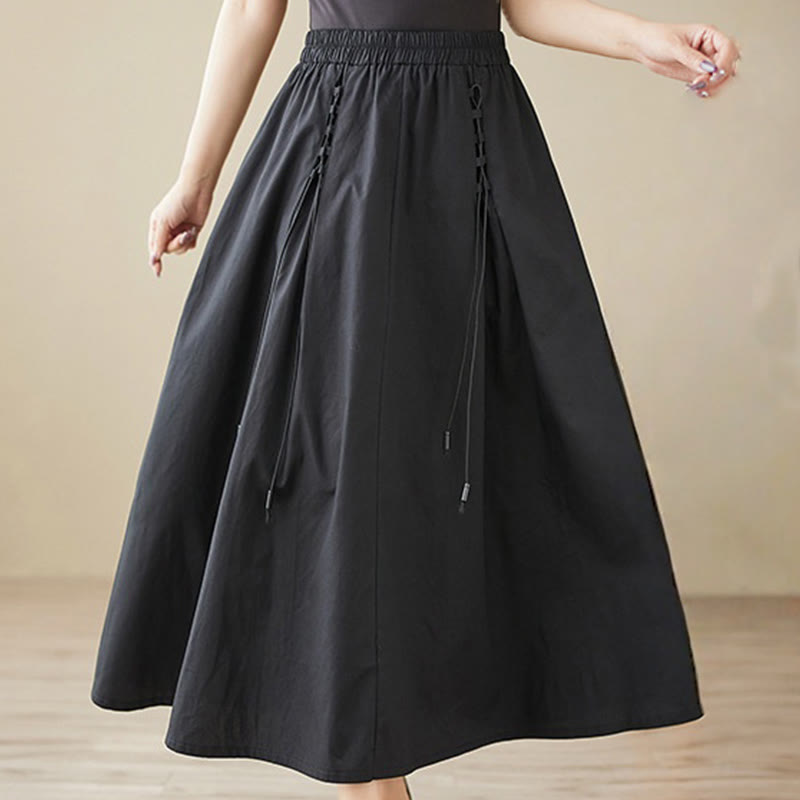 Buddha Stones Summer Casual Pure Color Pleated Design Women's Cotton Skirt