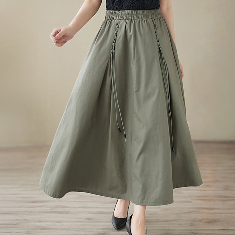 Buddha Stones Summer Casual Pure Color Pleated Design Women's Cotton Skirt