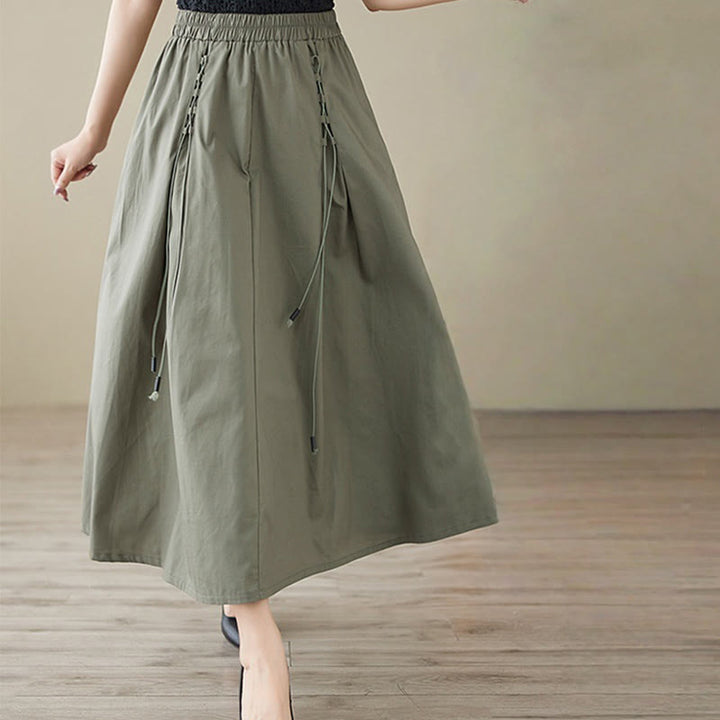 Buddha Stones Summer Casual Pure Color Pleated Design Women's Cotton Skirt