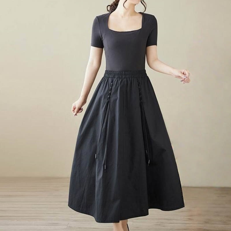 Buddha Stones Summer Casual Pure Color Pleated Design Women's Cotton Skirt