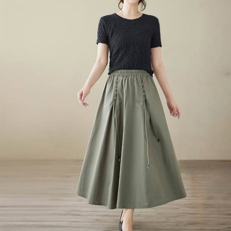 Buddha Stones Summer Casual Pure Color Pleated Design Women's Cotton Skirt