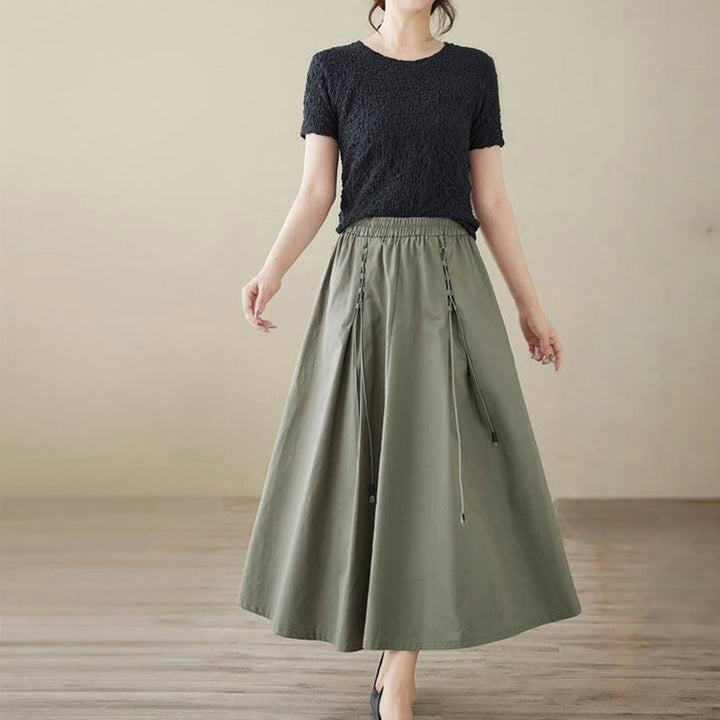 Buddha Stones Summer Casual Pure Color Pleated Design Women's Cotton Skirt