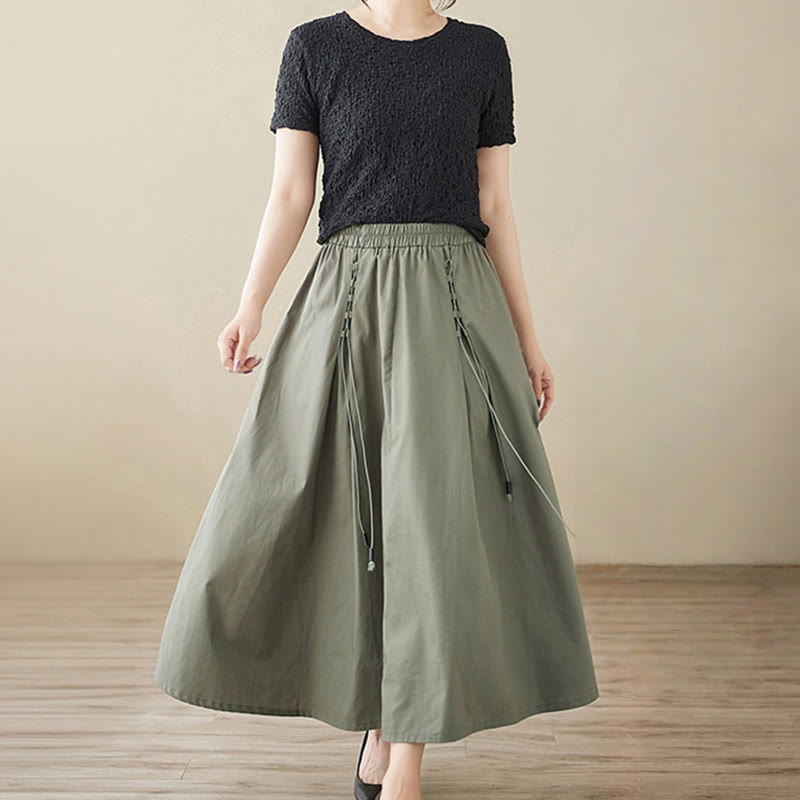 Buddha Stones Summer Casual Pure Color Pleated Design Women's Cotton Skirt