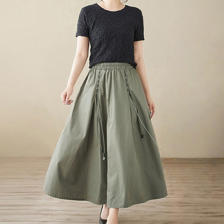 Buddha Stones Summer Casual Pure Color Pleated Design Women's Cotton Skirt