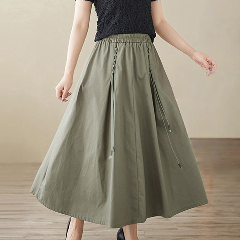Buddha Stones Summer Casual Pure Color Pleated Design Women's Cotton Skirt