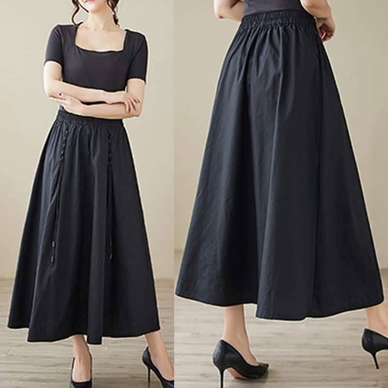 Buddha Stones Summer Casual Pure Color Pleated Design Women's Cotton Skirt