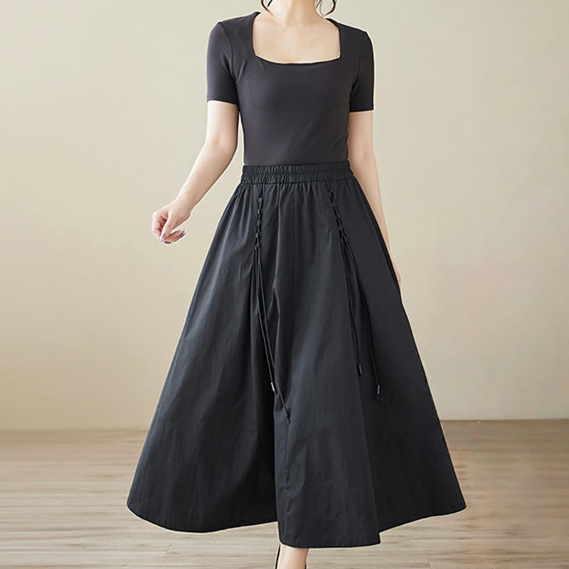Buddha Stones Summer Casual Pure Color Pleated Design Women's Cotton Skirt