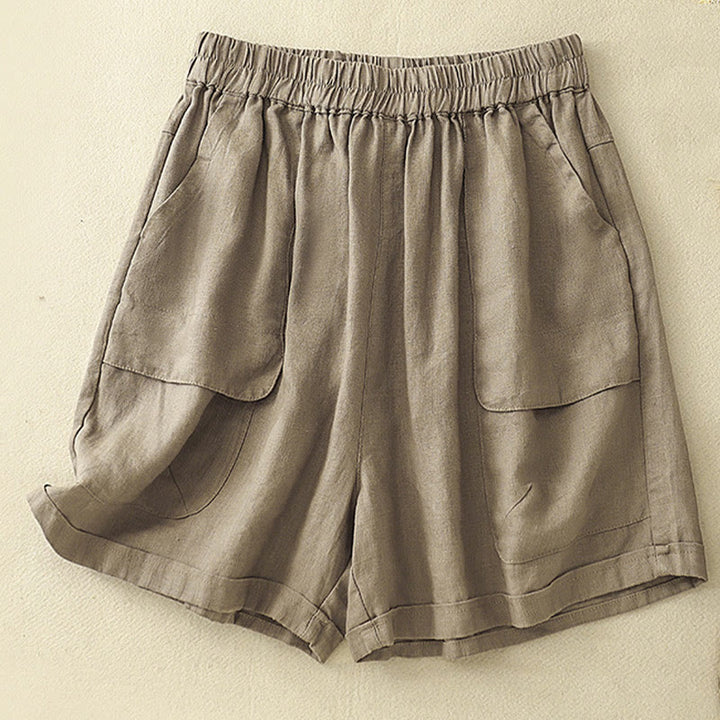 Buddha Stones Summer Casual Plain Cotton Linen Women's Elasti Straight Shorts With Pockets - Tan - US12,UK/AU16,EU44 (2XL) - image 0