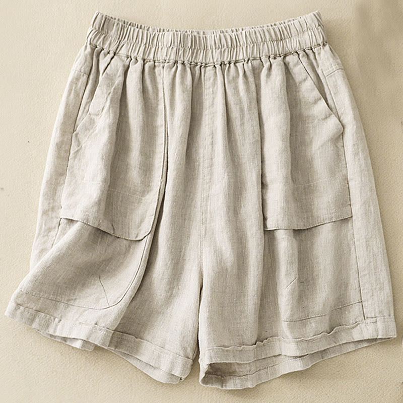 Buddha Stones Summer Casual Plain Cotton Linen Women's Elasti Straight Shorts With Pockets - Beige - US12,UK/AU16,EU44 (2XL) - image 12