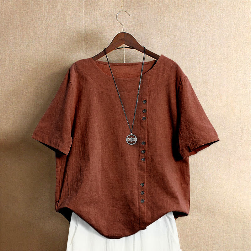 Buddha Stones Casual Summer Pure Color Jacquard Button Crew Neck Cotton Women's Short Sleeve T-Shirt - Sienna - US20,UK/AU24,EU52 (5XL) - image 25