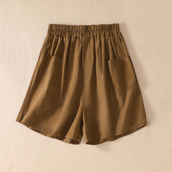 Buddha Stones Summer Casual Elastic Waist Plain Women's Polyester Shorts With Pockets