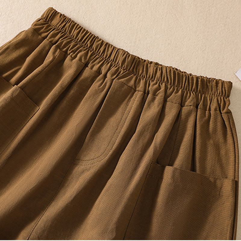 Buddha Stones Summer Casual Elastic Waist Plain Women's Polyester Shorts With Pockets