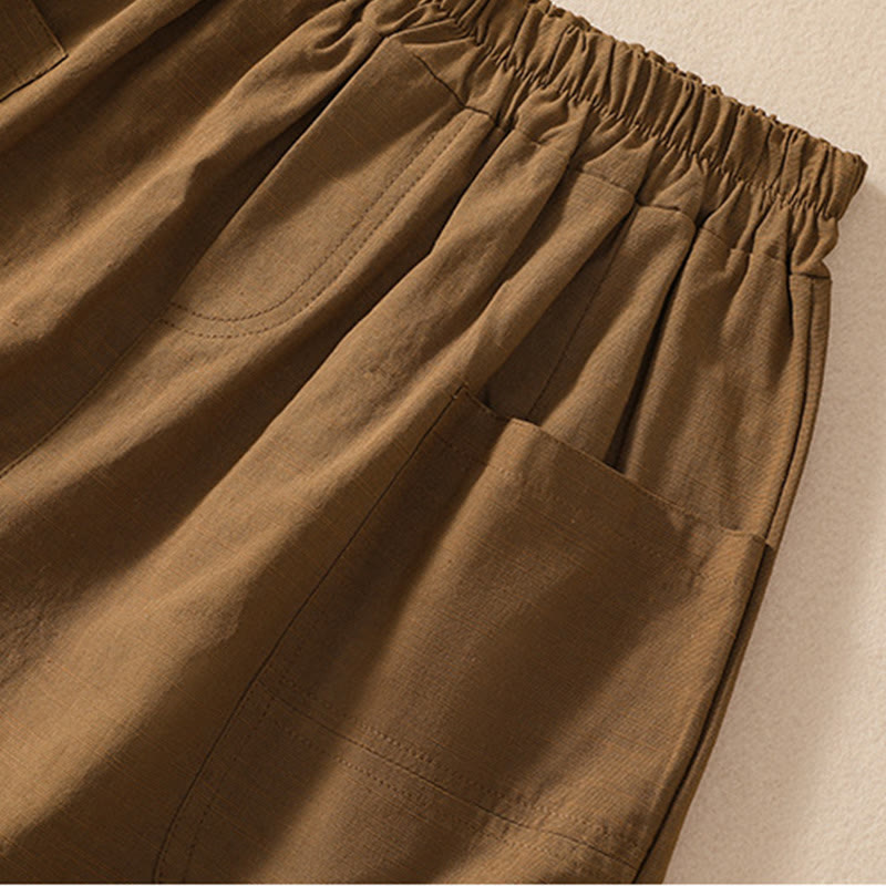 Buddha Stones Summer Casual Elastic Waist Plain Women's Polyester Shorts With Pockets