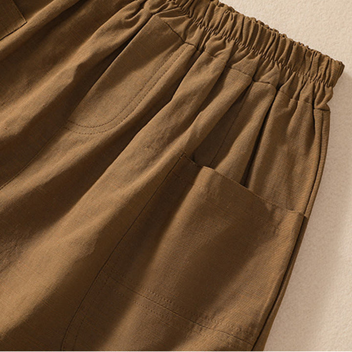 Buddha Stones Summer Casual Elastic Waist Plain Women's Polyester Shorts With Pockets