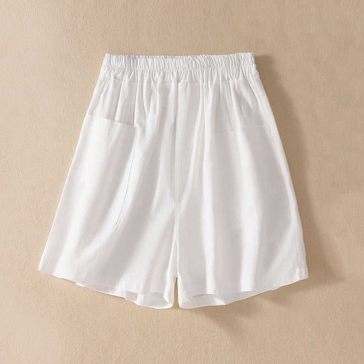 Buddha Stones Summer Casual Elastic Waist Plain Women's Polyester Shorts With Pockets