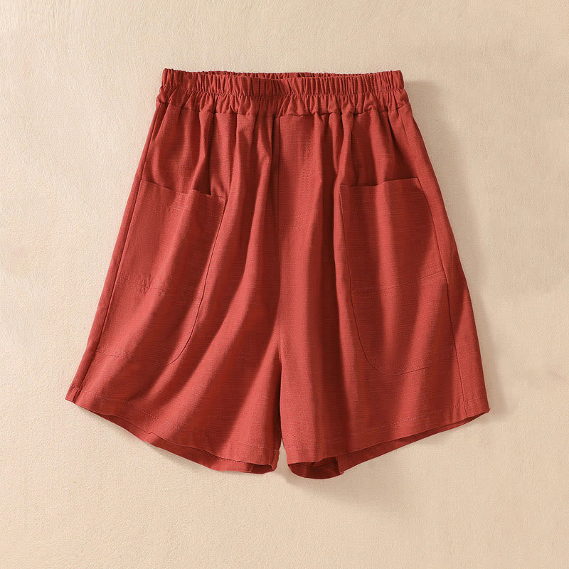 Buddha Stones Summer Casual Elastic Waist Plain Women's Polyester Shorts With Pockets