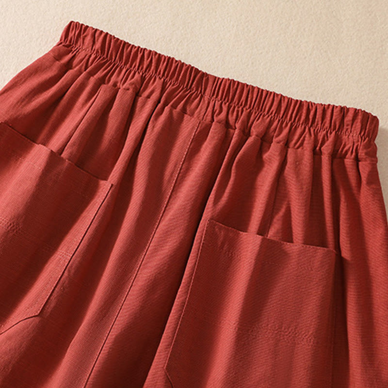 Buddha Stones Summer Casual Elastic Waist Plain Women's Polyester Shorts With Pockets