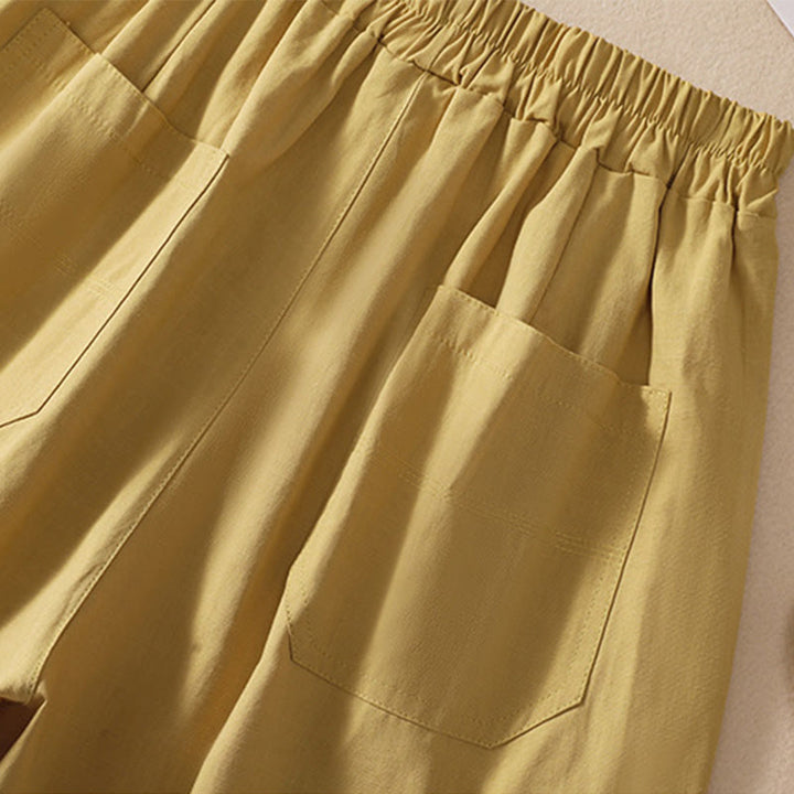 Buddha Stones Summer Casual Elastic Waist Plain Women's Polyester Shorts With Pockets