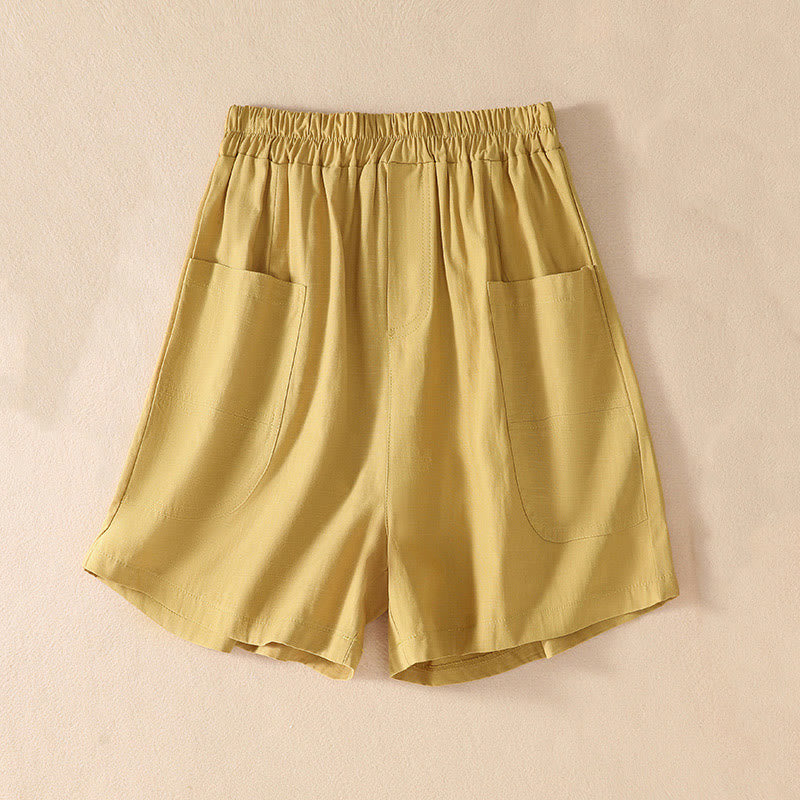Buddha Stones Summer Casual Elastic Waist Plain Women's Polyester Shorts With Pockets
