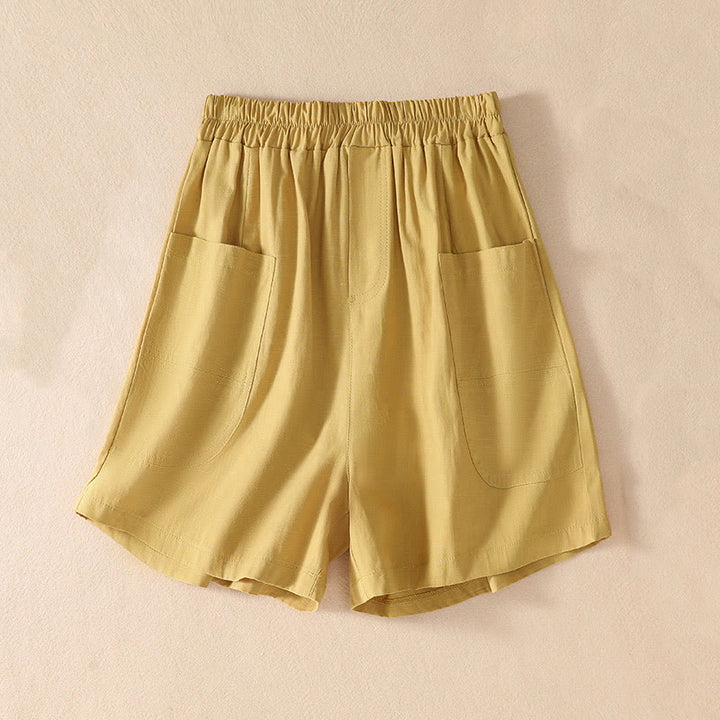 Buddha Stones Summer Casual Elastic Waist Plain Women's Polyester Shorts With Pockets
