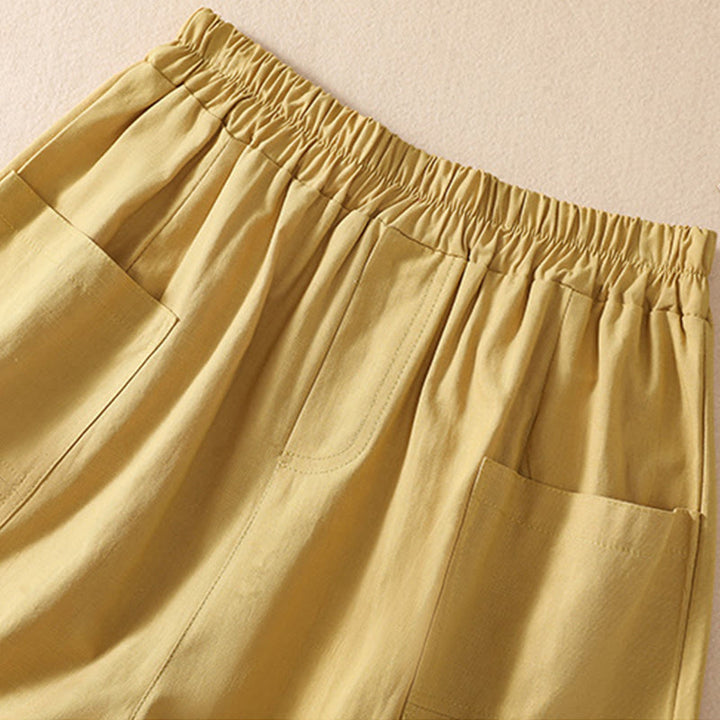 Buddha Stones Summer Casual Elastic Waist Plain Women's Polyester Shorts With Pockets