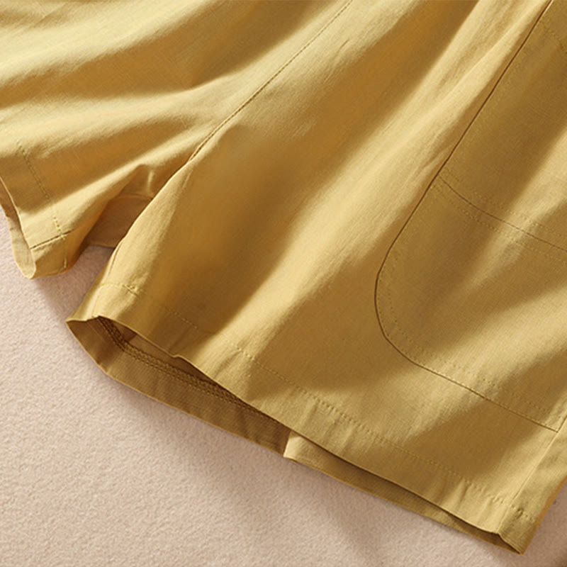 Buddha Stones Summer Casual Elastic Waist Plain Women's Polyester Shorts With Pockets