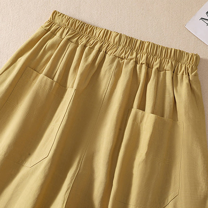 Buddha Stones Summer Casual Elastic Waist Plain Women's Polyester Shorts With Pockets