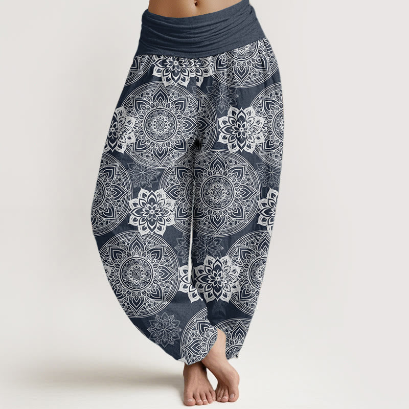 Buddha Stones Pure Cotton Casual Round Mandala Flower Design Women's Elastic Waist Harem Pants
