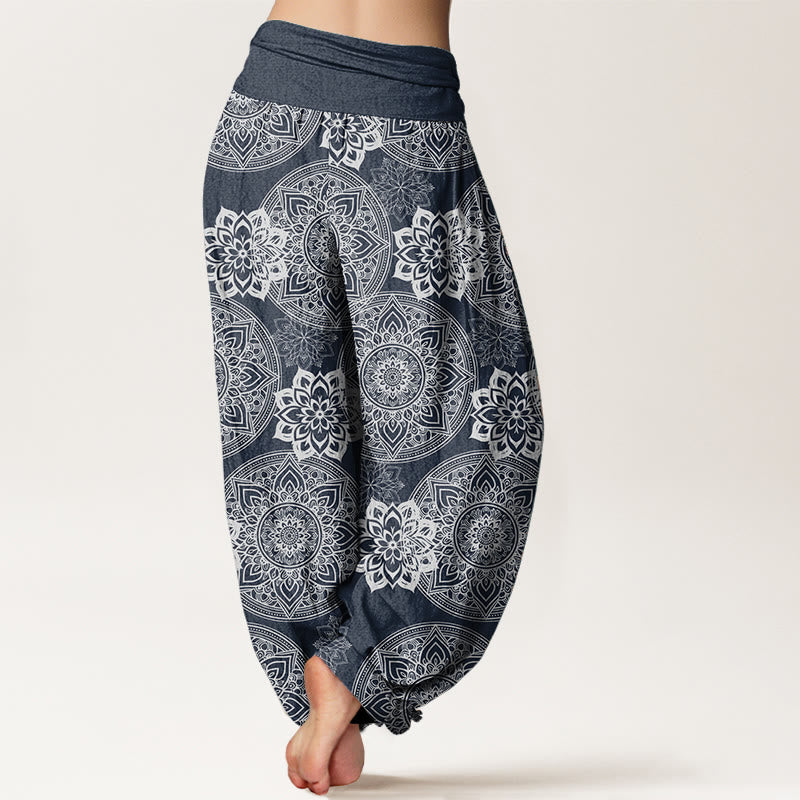 Buddha Stones Pure Cotton Casual Round Mandala Flower Design Women's Elastic Waist Harem Pants