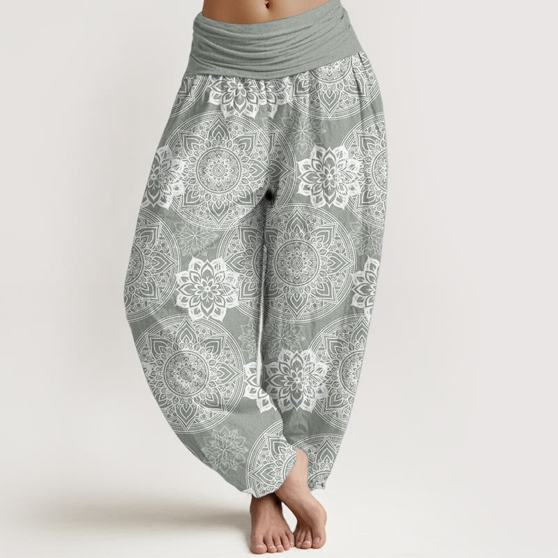 Buddha Stones Pure Cotton Casual Round Mandala Flower Design Women's Elastic Waist Harem Pants