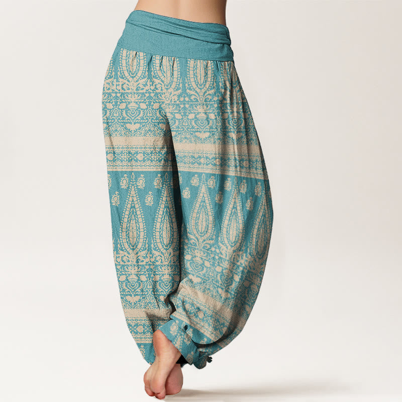 Buddha Stones Pure Cotton Casual Feather Stripes Design Women's Elastic Waist Harem Pants