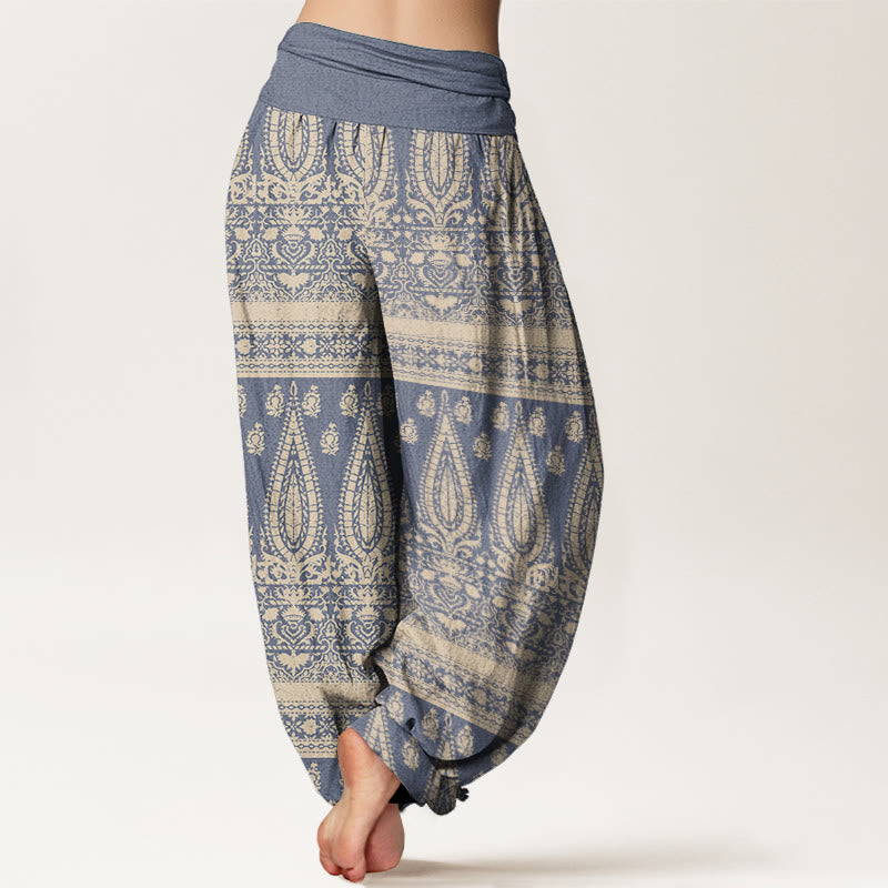 Buddha Stones Pure Cotton Casual Feather Stripes Design Women's Elastic Waist Harem Pants