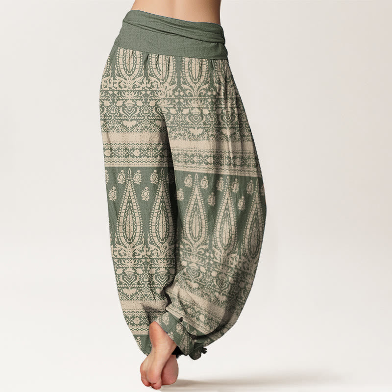 Buddha Stones Pure Cotton Casual Feather Stripes Design Women's Elastic Waist Harem Pants