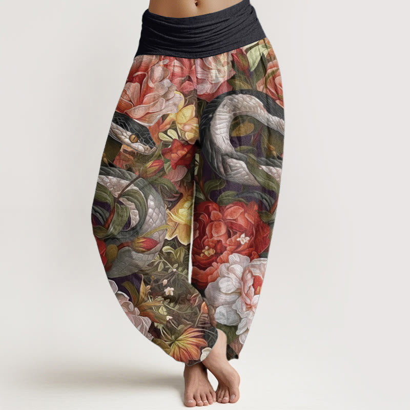 Buddha Stones Pure Cotton Snake Peony Flowers Leaf Pattern Women's Elastic Waist Harem Pants