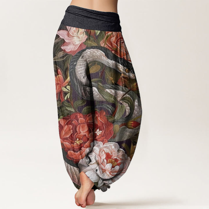 Buddha Stones Pure Cotton Snake Peony Flowers Leaf Pattern Women's Elastic Waist Harem Pants