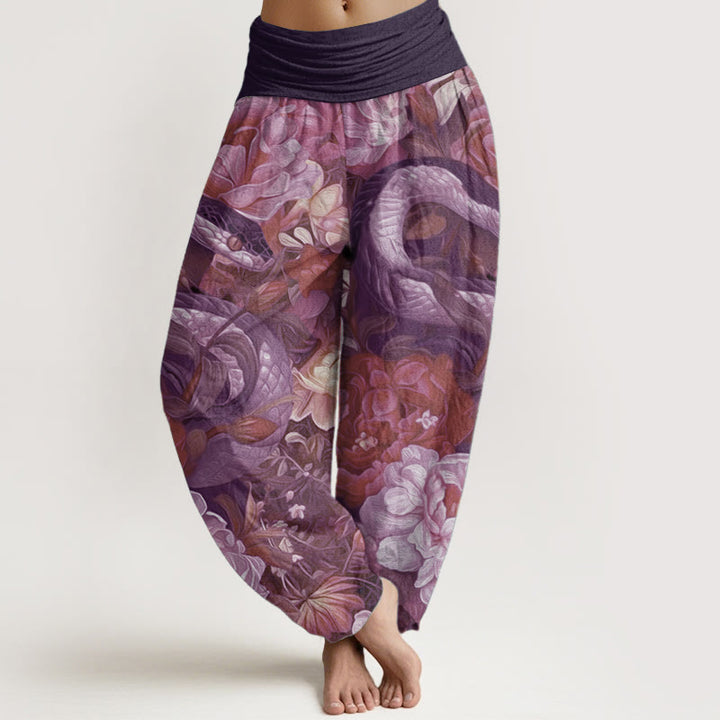 Buddha Stones Pure Cotton Snake Peony Flowers Leaf Pattern Women's Elastic Waist Harem Pants