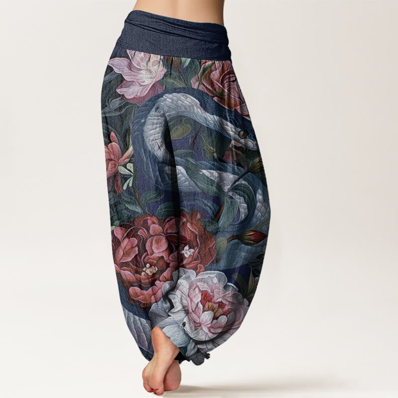 Buddha Stones Pure Cotton Snake Peony Flowers Leaf Pattern Women's Elastic Waist Harem Pants