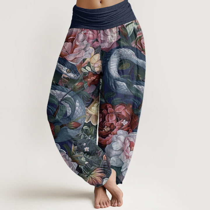 Buddha Stones Pure Cotton Snake Peony Flowers Leaf Pattern Women's Elastic Waist Harem Pants