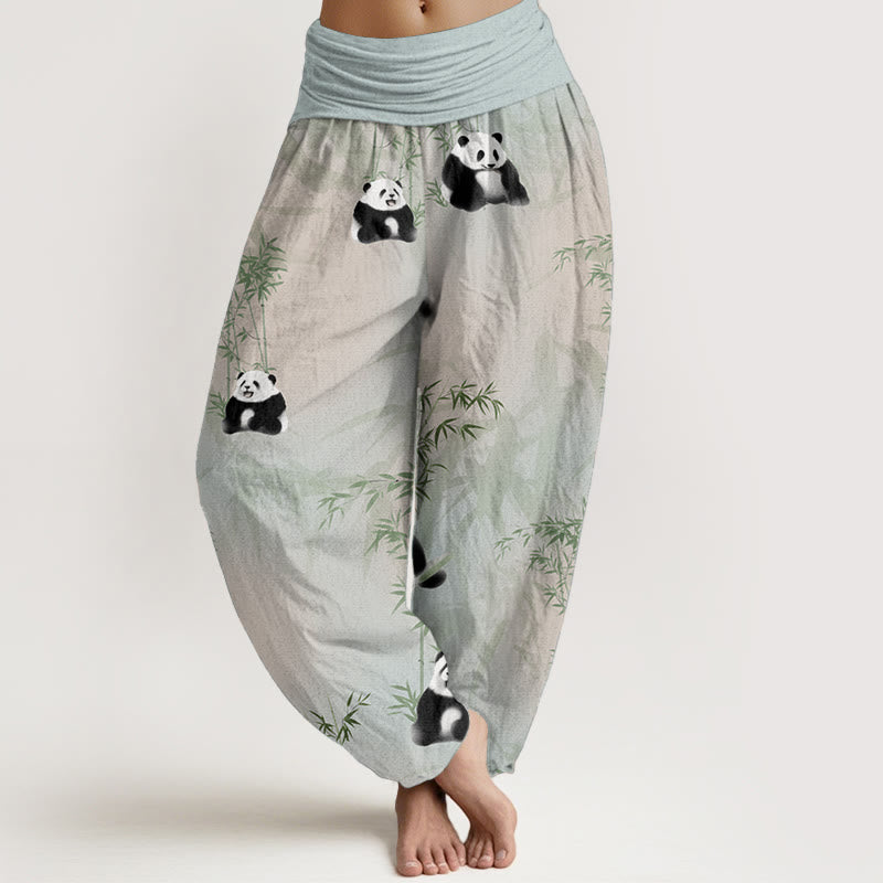 Buddha Stones Pure Cotton Panda Bamboo Pattern Women's Elastic Waist Harem Pants