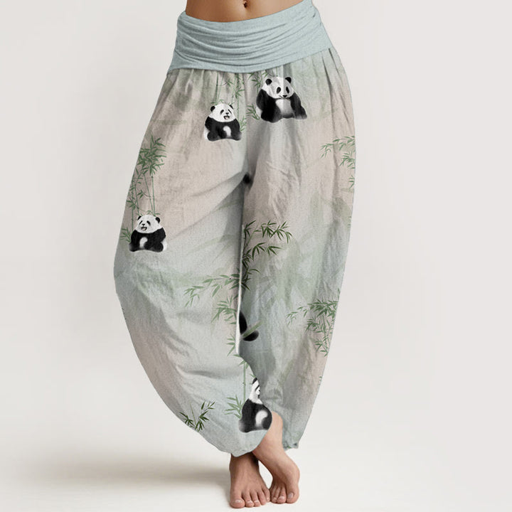 Buddha Stones Pure Cotton Panda Bamboo Pattern Women's Elastic Waist Harem Pants