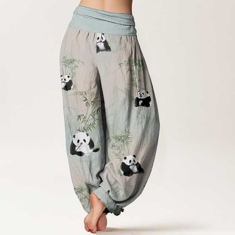 Buddha Stones Pure Cotton Panda Bamboo Pattern Women's Elastic Waist Harem Pants