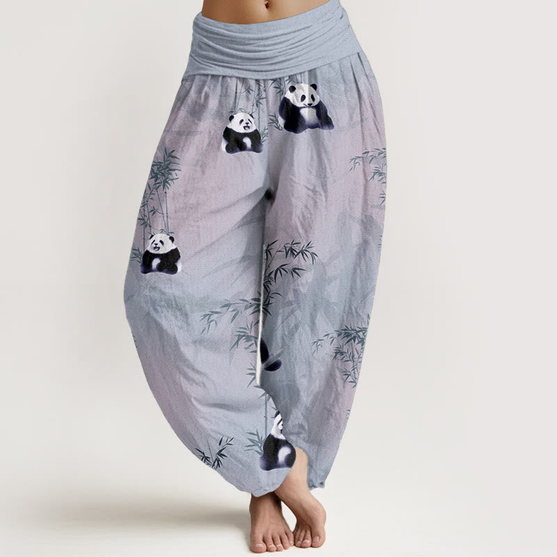 Buddha Stones Pure Cotton Panda Bamboo Pattern Women's Elastic Waist Harem Pants