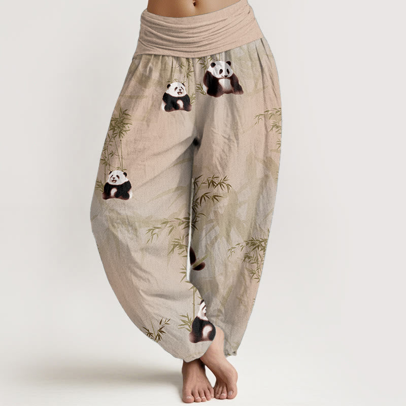 Buddha Stones Pure Cotton Panda Bamboo Pattern Women's Elastic Waist Harem Pants