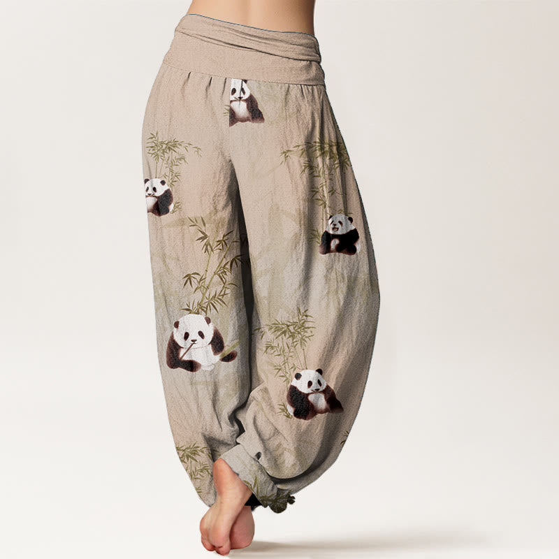 Buddha Stones Pure Cotton Panda Bamboo Pattern Women's Elastic Waist Harem Pants