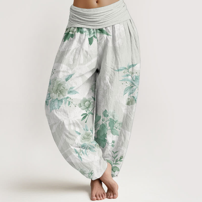 Buddha Stones Pure Cotton Flowers White Leaves Women's Elastic Waist Harem Pants